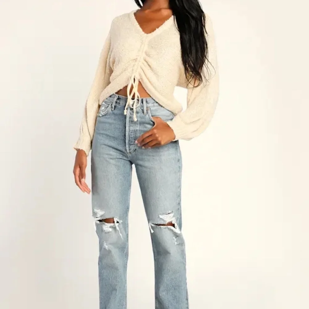 SAGE THE LABEL Home Bound Cream Ruched Long Sleeve Sweater Top Size L - Picture 7 of 13